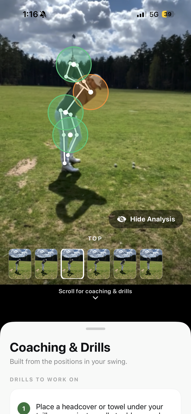 KilCard AI swing analysis with on-body pose tracking and drills